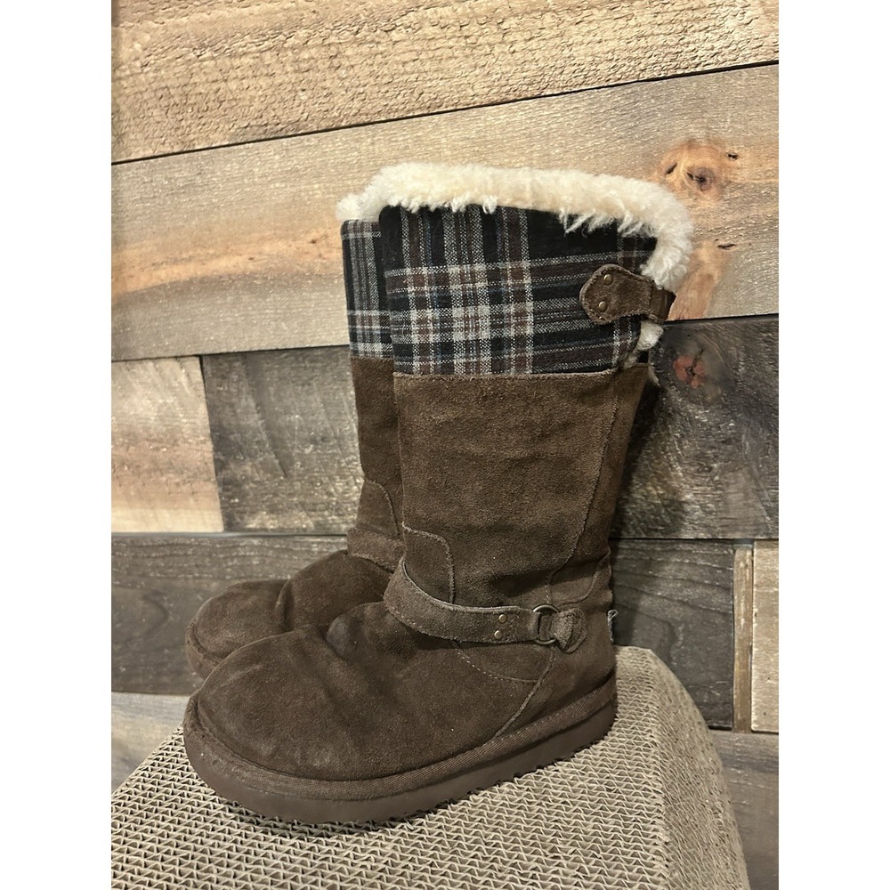 Ugg Girls Winter Tall Maura Brown Suede Plaid Buckle Zipper Boot Size 1 3286